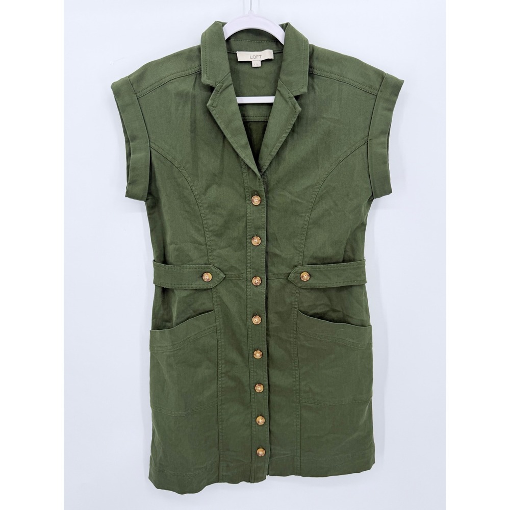 LOFT Shirt Dress Womens 2 Green Twill Short Sleeve Button Front Pockets Utility